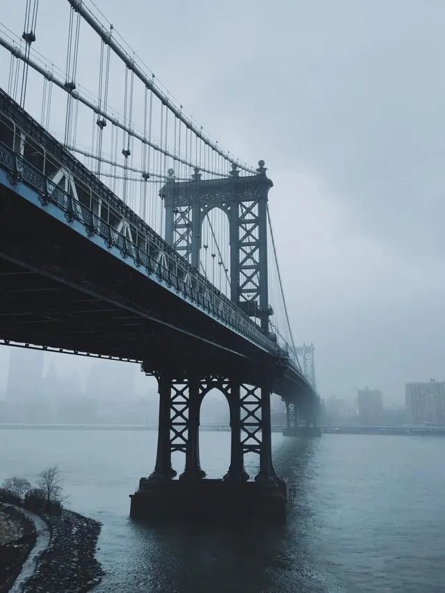 Foggy Suspension Bridge, photographic, minimal, monochrome