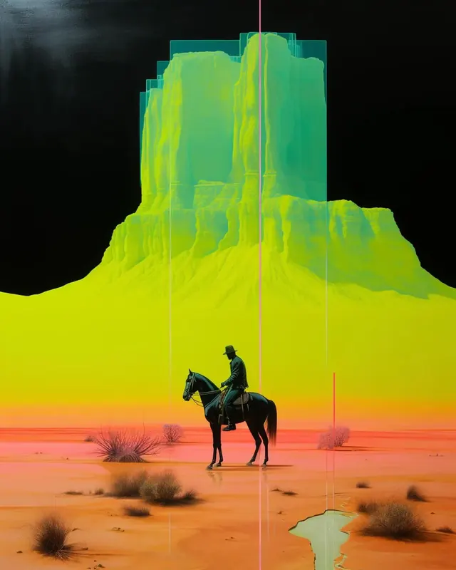 Surreal Data Landscape with Rider, abstract, geometric, vibrant