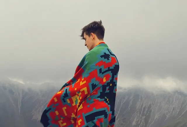 Man in Kimono against Ocean, photographic, organic, vibrant