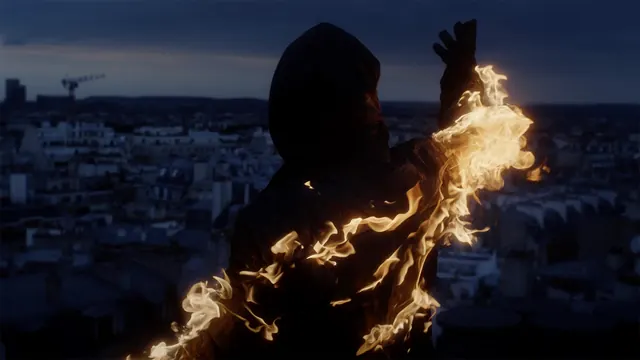 Flaming Figure Over Cityscape, dark-mode, photographic, dark