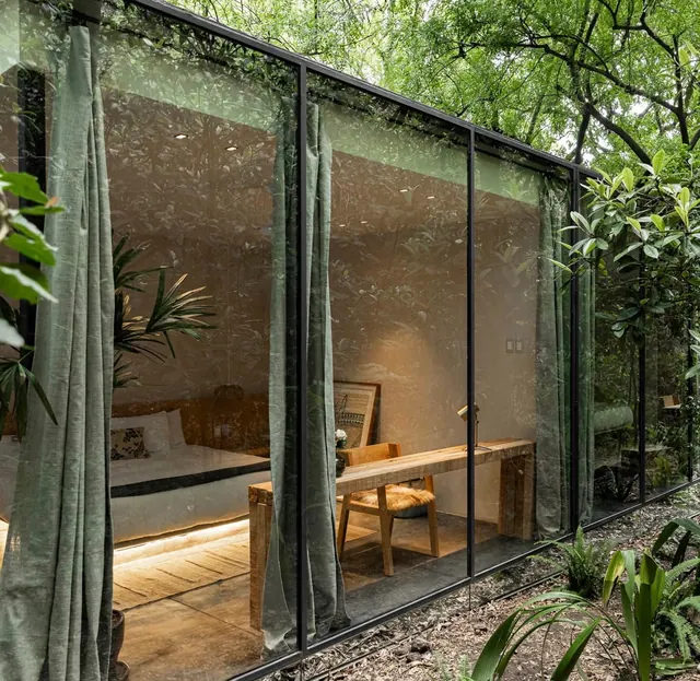 Modern Glass Pavilion Interior, minimal, luxury, earthy