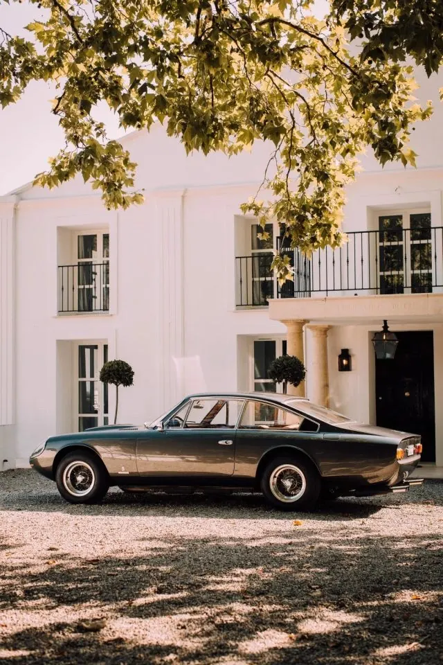 Vintage Car in Front of White Building, photographic, retro, muted