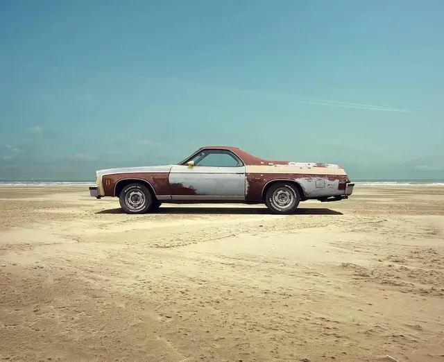Vintage Muscle Car on Beach, retro, photographic, vibrant