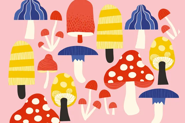 Playful Mushroom Illustration Pattern, playful, illustrated, vibrant