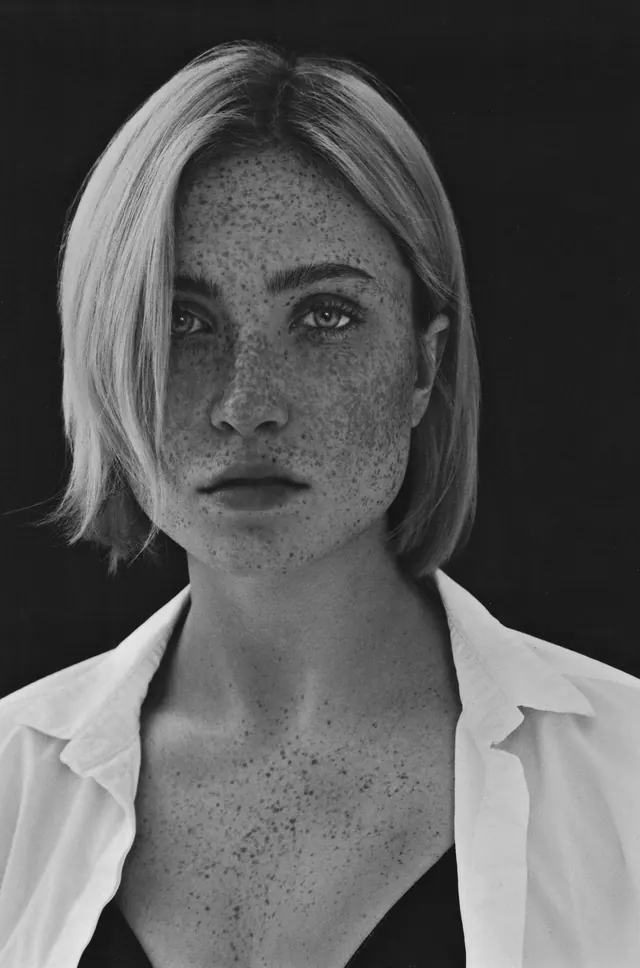 Portrait of a Woman with Freckles, photographic, minimal, monochrome