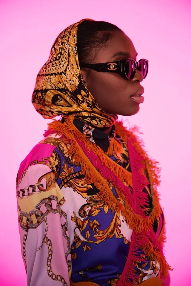 Portrait of a Woman in Traditional Attire, photographic, maximalist, vibrant