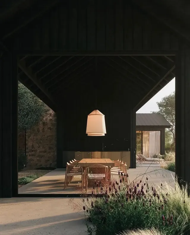 Rustic Outdoor Dining Area, minimal, photographic, dark