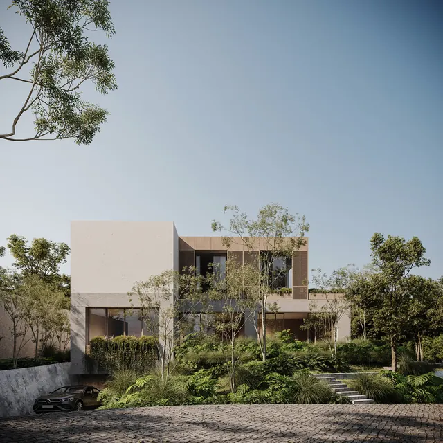 Modernist Residential Architecture with Lush Landscaping, minimal, photographic, light