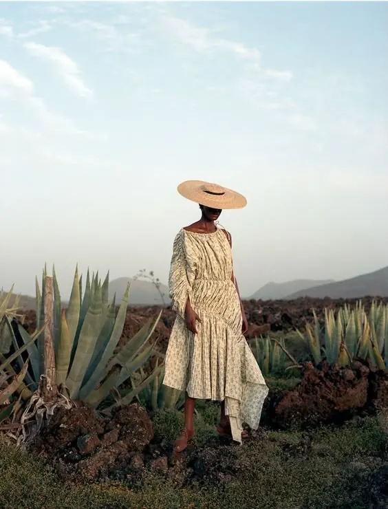 Woman in Straw Hat and Embroidered Dress in Desert, organic, photographic, muted