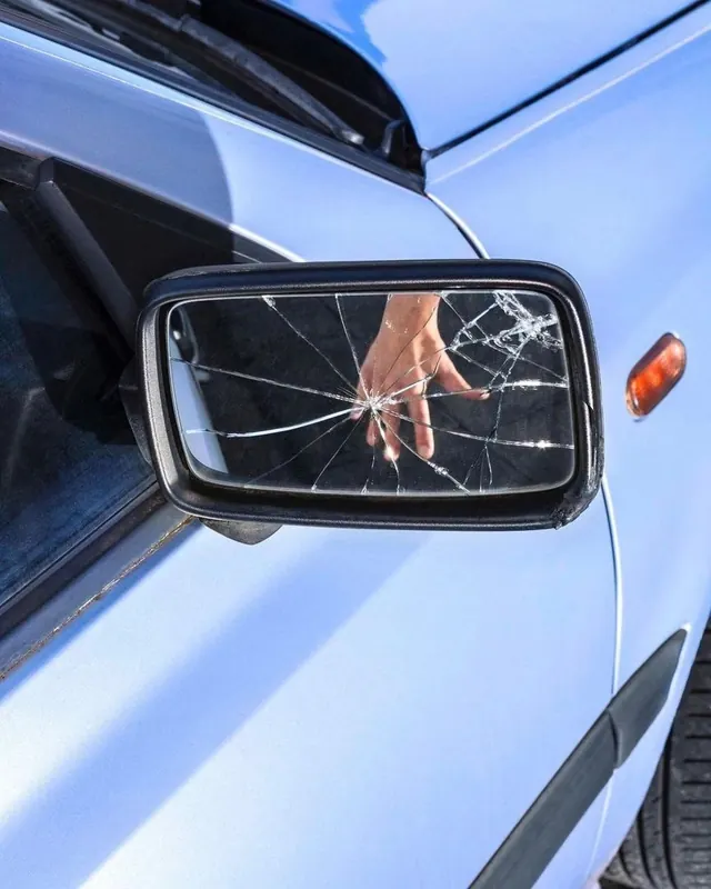 Shattered Side Mirror on Blue Car, photographic, technical, cool