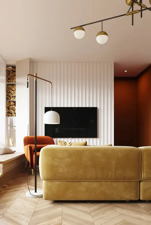 Modern Living Room Interior Design, minimal, photographic, warm