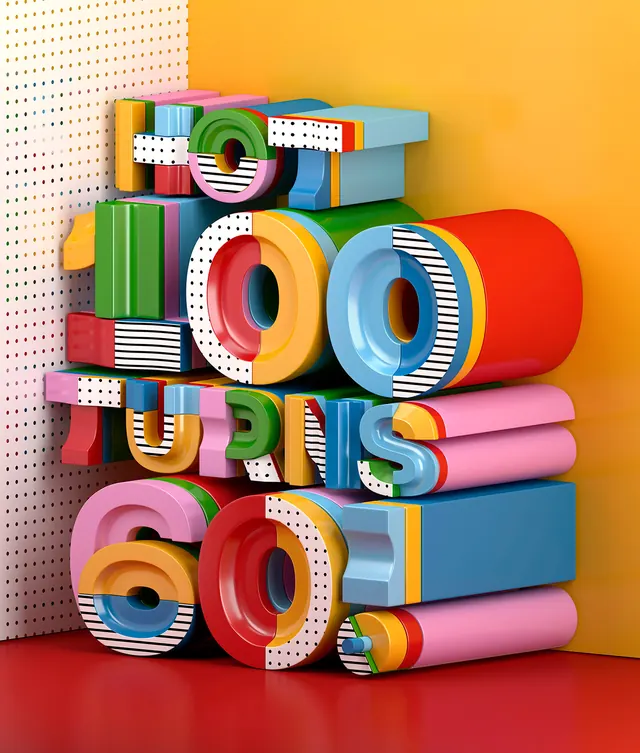 Geometric Typography Collage, neo-brutalist, playful, vibrant