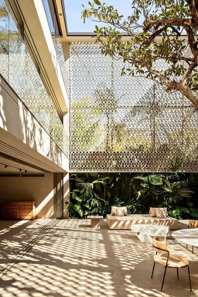 Modern Interior with Perforated Metal Screen, minimal, photographic, light