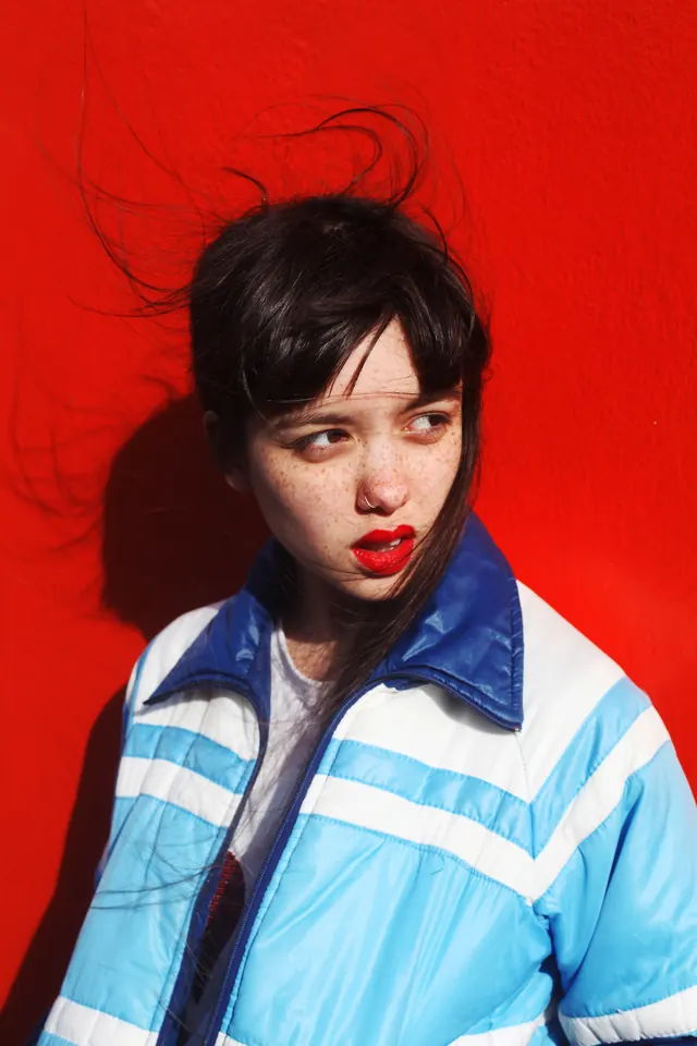 Portrait with Blue and White Jacket, photographic, vibrant
