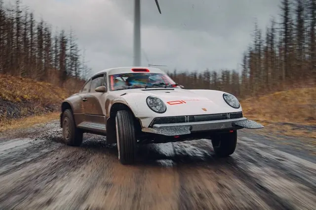 Rally Car in Snowy Forest, photographic, retro, muted