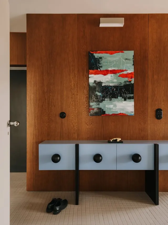 Modern Wood Cabinet with Abstract Art, minimal, luxury, warm