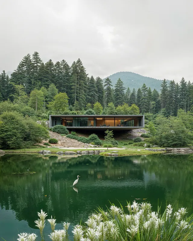 Modern Architecture in a Forest Setting, photographic, minimal, earthy