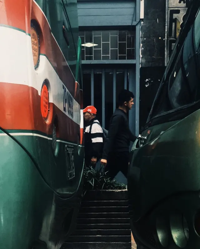 Train Station Commuter Scene, photographic, editorial, high-contrast