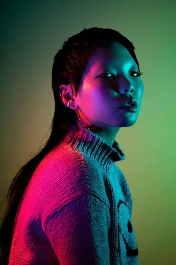 Neon Portrait of a Woman, photographic, high-contrast