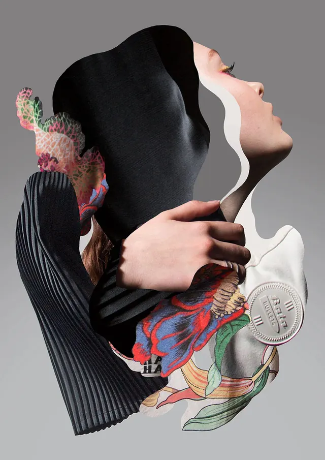 Abstract Portrait Collage, maximalist, organic, high-contrast