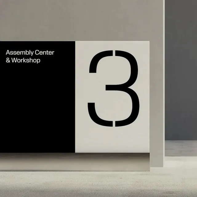 Assembly Center & Workshop Signage, minimal, swiss, monochrome