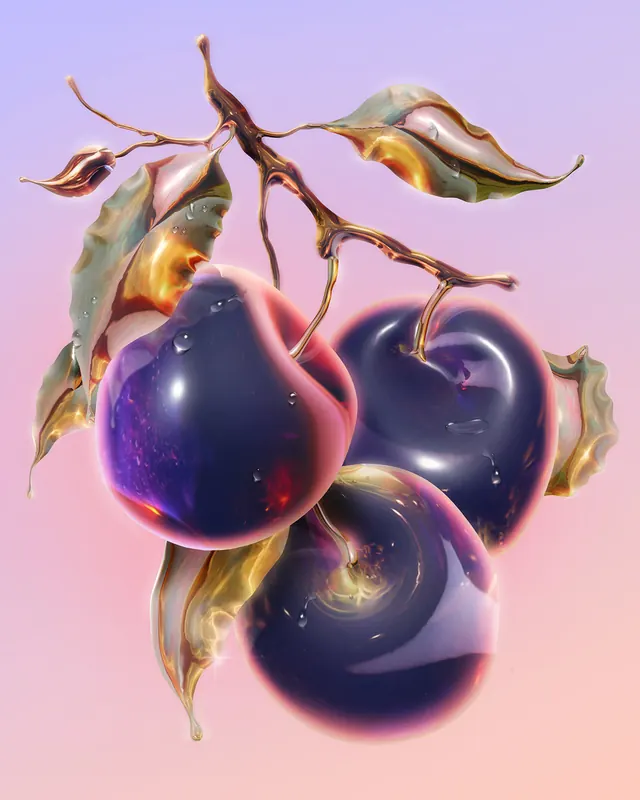 3D rendered plums with gold leaf, 3d-render, playful, vibrant