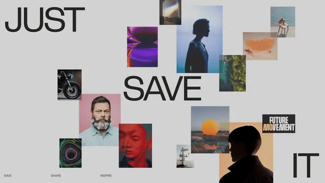Just Save It scattered photo-collage banner, editorial, typographic, light
