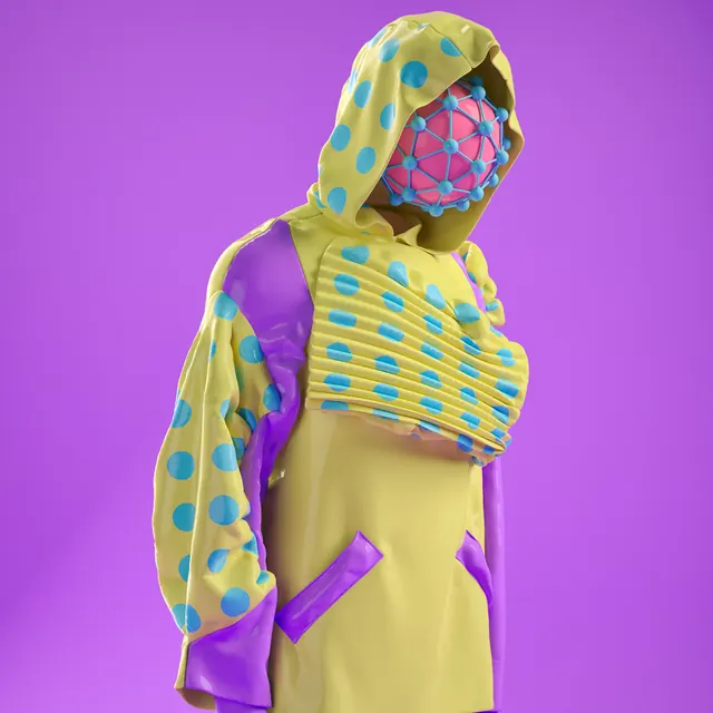 3D fashion figure with bold pattern styling, 3d-render, maximalist, vibrant