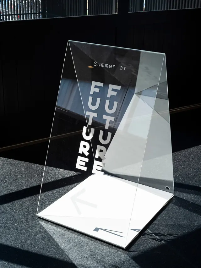 Transparent Acrylic Signage, minimal, corporate-clean, monochrome