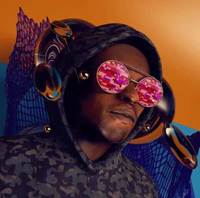 Neon pixelated sunglasses 3D portrait, 3d-render, gradient-heavy, vibrant