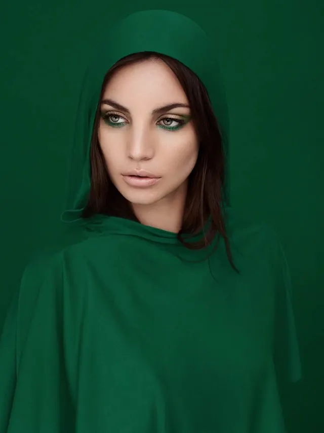 Green Hooded Portrait, minimal, monochrome, vibrant