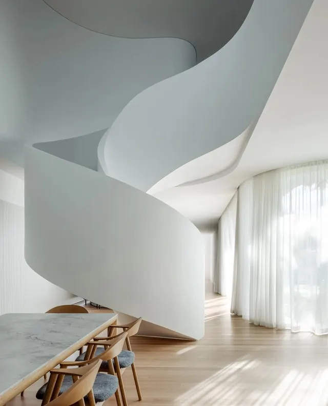 Architectural Interior with Sculptural Staircase, minimal, organic, light