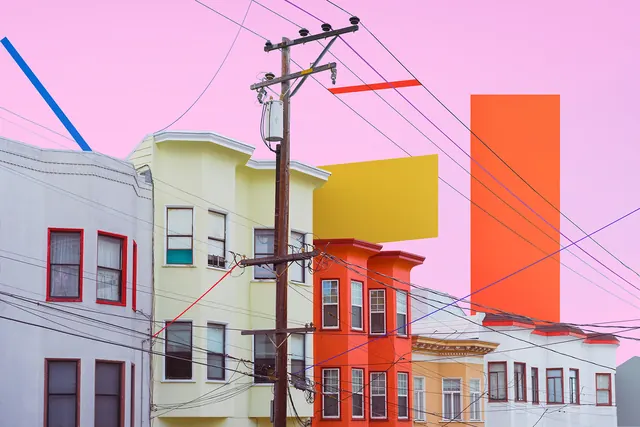 Abstract Architectural Collage, maximalist, geometric, vibrant