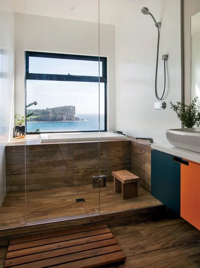 Modern Spa Bathroom Interior, minimal, luxury, warm