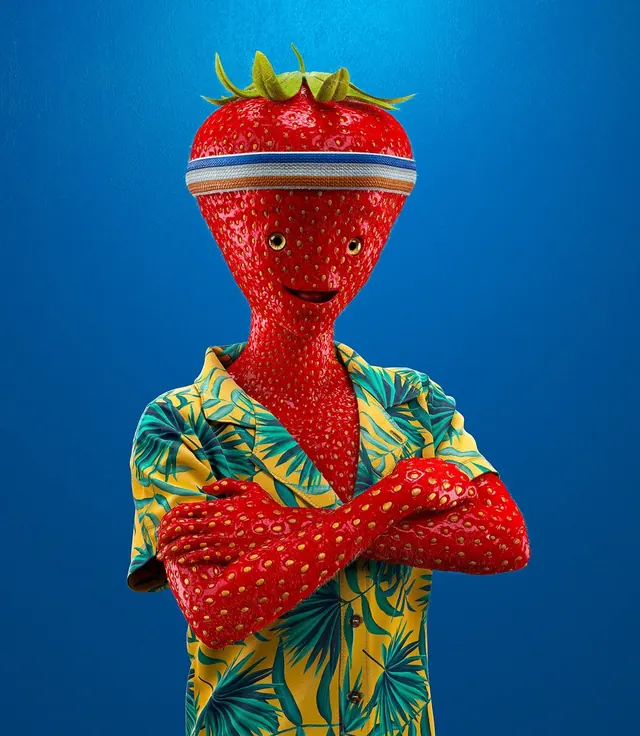 3D Strawberry Character Illustration, 3d-render, playful, vibrant