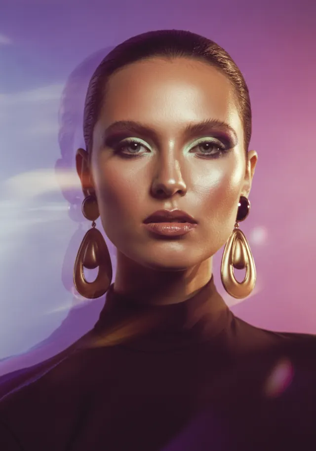 Portrait of a woman with large hoop earrings, luxury, photographic, vibrant