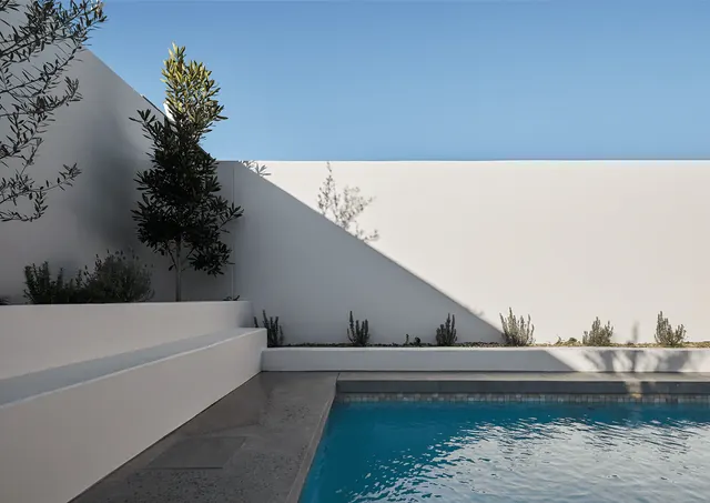 Minimalist White Architecture with Pool, minimal, geometric, high-contrast