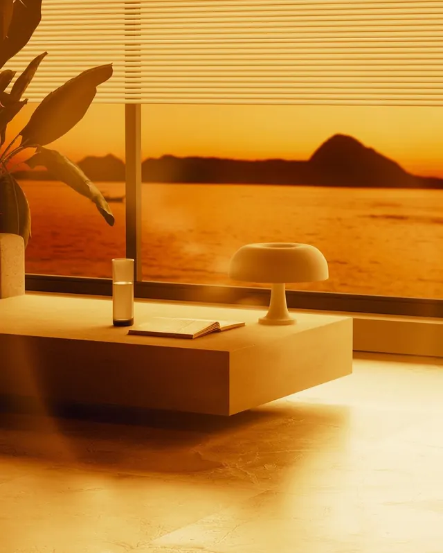 Golden Hour Interior Scene, minimal, photographic, warm