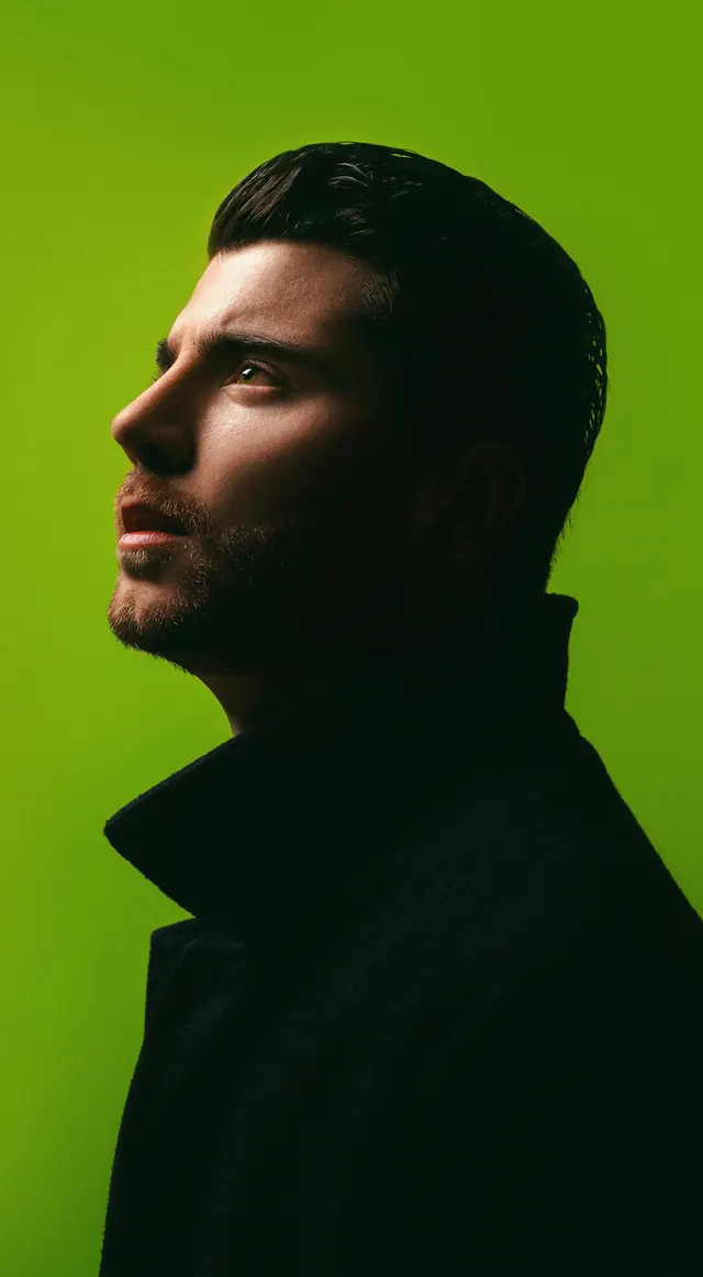 Portrait with Lime Green Backdrop, minimal, photographic, vibrant
