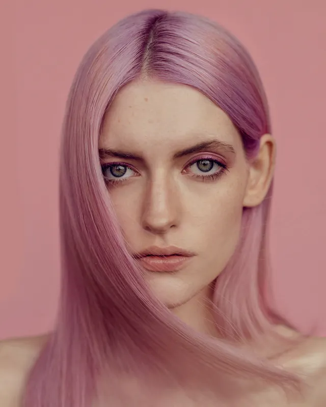 Pink-Haired Portrait, minimal, photographic, vibrant