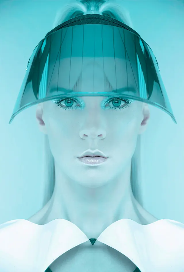 Cybernetic Portrait with Translucent Overlay, glassmorphism, y2k, cool