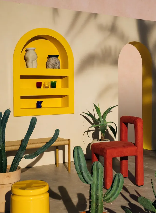 Arched Interior Scene with Cacti, minimal, geometric, vibrant