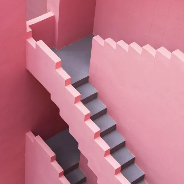 Pink Architectural Staircase, minimal, geometric, vibrant