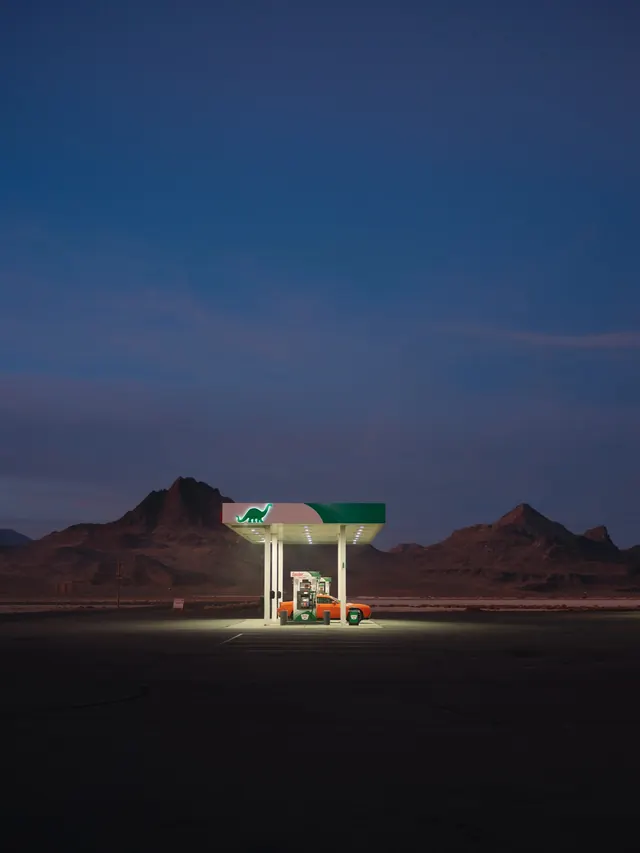 Gas Station in Desert Landscape, minimal, photographic, dark