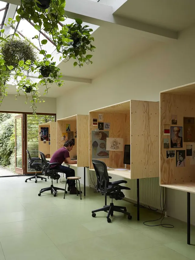 Modern Office Interior with Wood Partitioning, minimal, light-mode, light