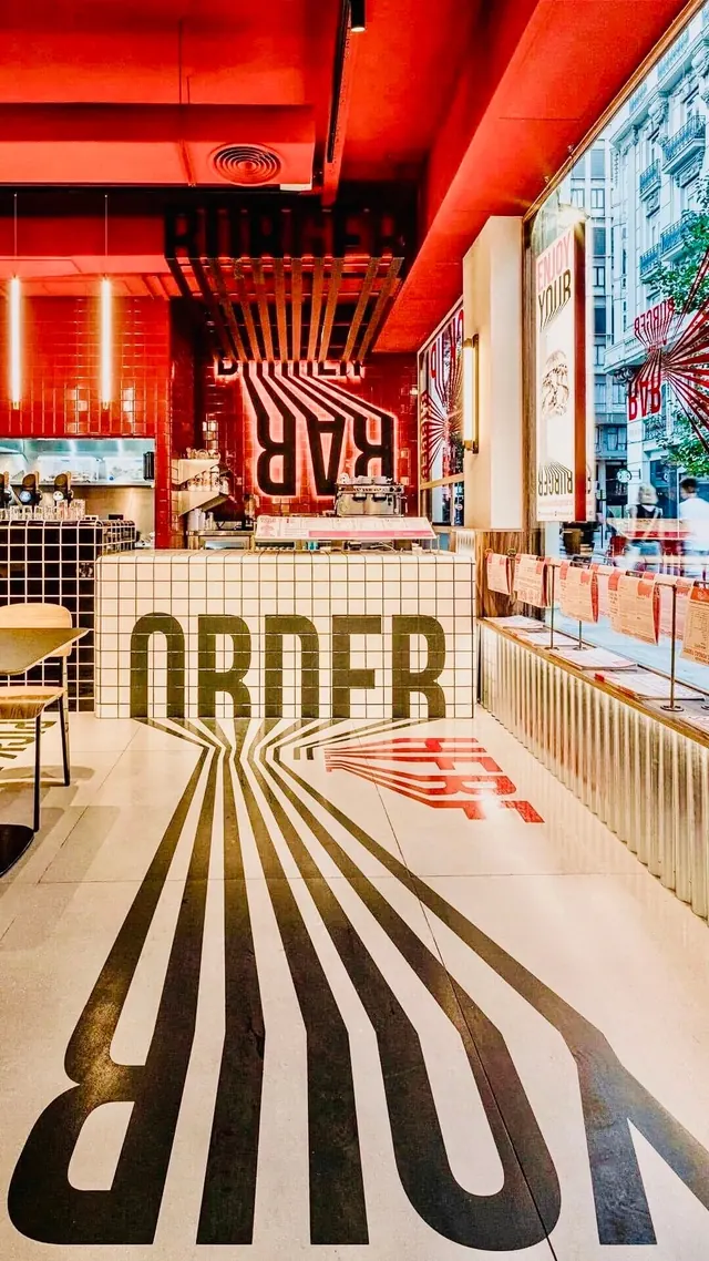 Burger Restaurant Interior Branding, maximalist, geometric, high-contrast