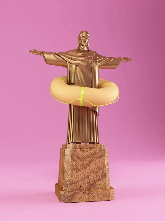 Golden Statue on Pink Background