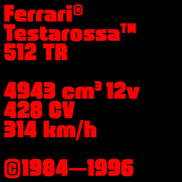 Ferrari Testarossa 512 TR Specifications, minimal, technical, high-contrast