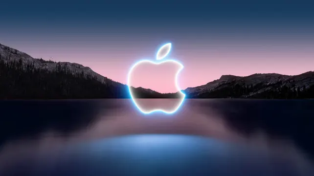 Glowing Apple logo over mountain lake at dusk, minimal, dark-mode, dark
