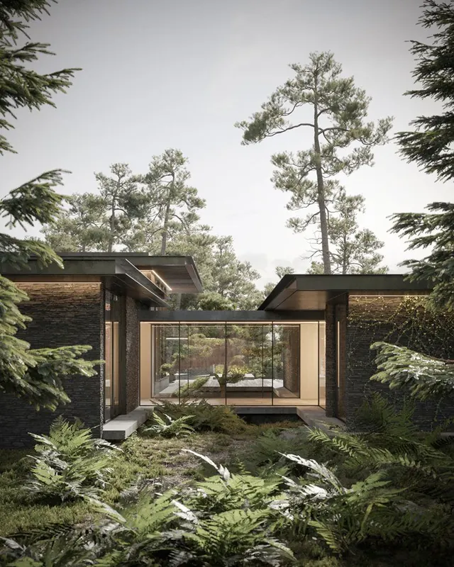 Modernist Forest Cabin Architecture, minimal, organic, muted